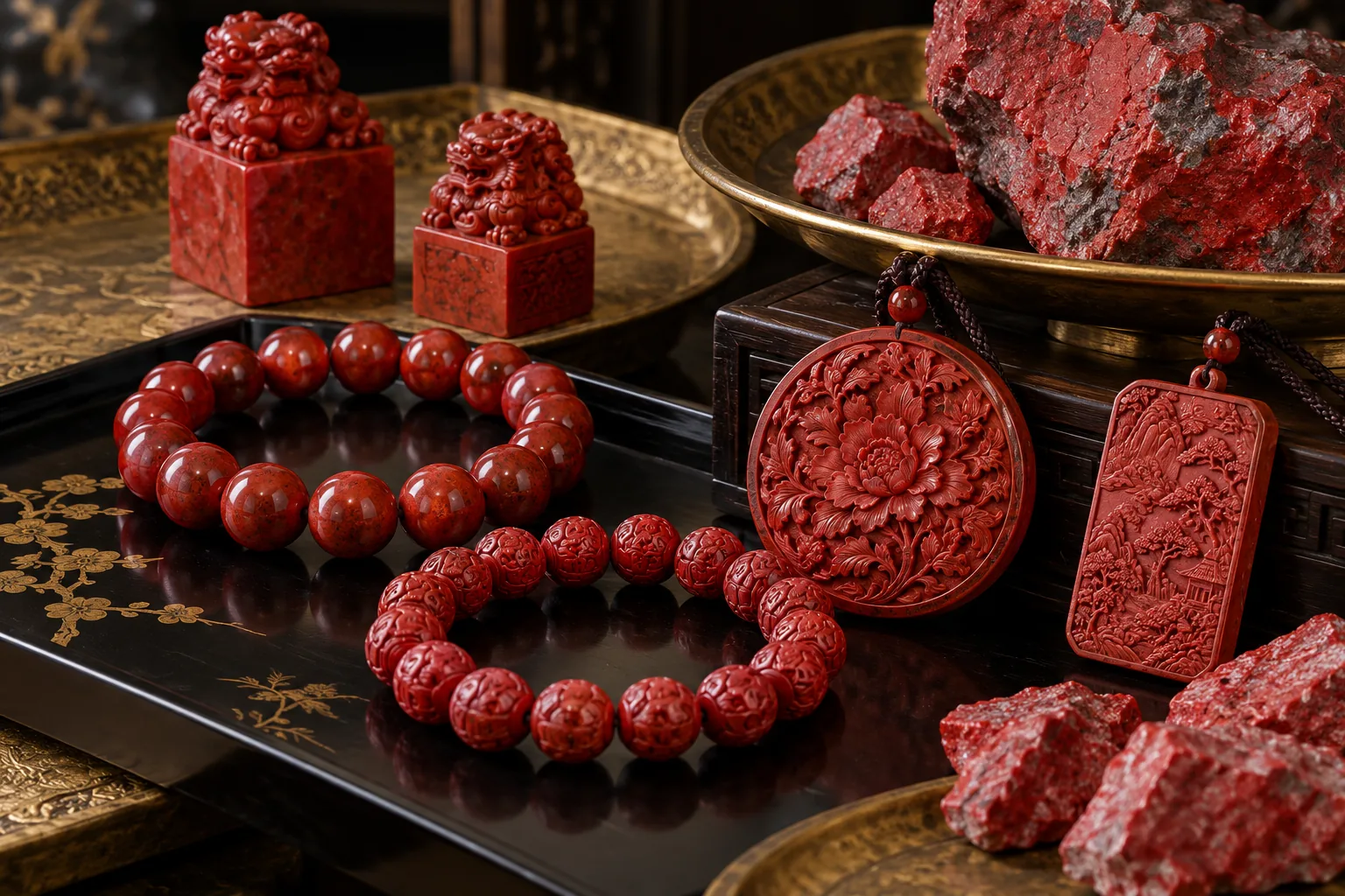 Strip cinnabar products, clusters and cinnabar product trays on a craft sampling table