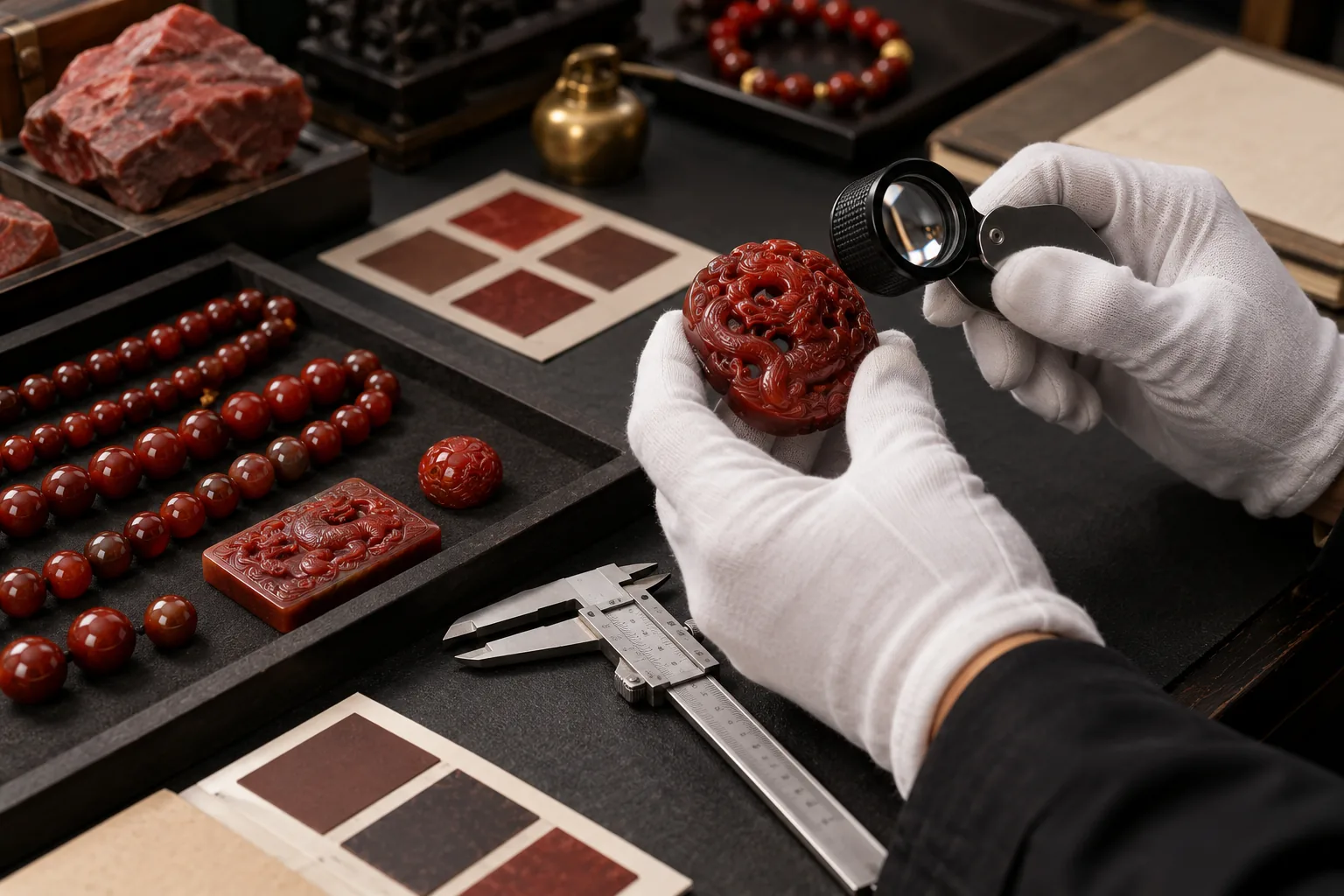 Technician inspecting cinnabar product at a quality desk